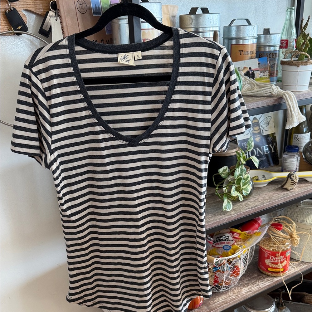 White Crow Black and White Striped V-Neck Tee